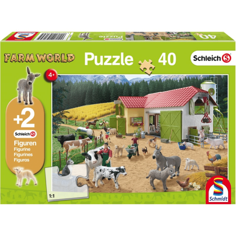 Children's puzzle by Schmidt featuring colorful farm scene with animals and farm activities, suitable for kids learning about farm life.