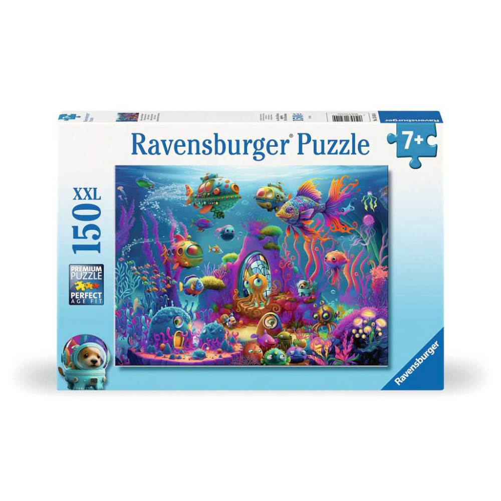 Ravensburger Alien Ocean children's puzzle with 150 XXL pieces showing colorful underwater alien sea creatures and vibrant ocean scene.