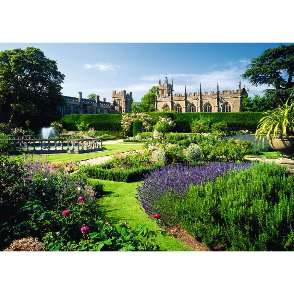 Ravensburger adult puzzle featuring a beautiful Sudeley Garden with vibrant flowers and lush greenery.