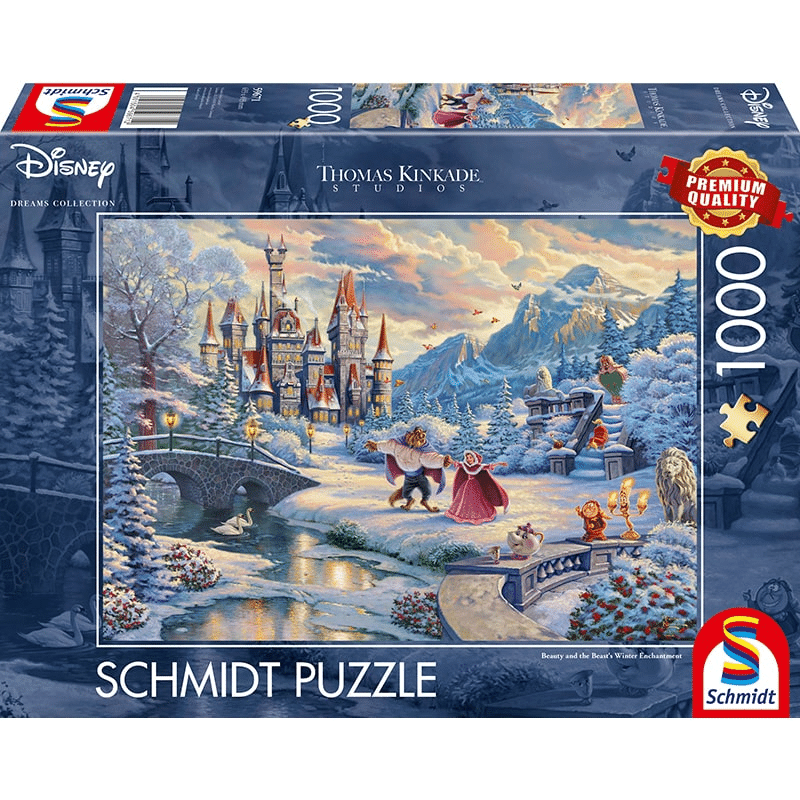 Adult puzzle featuring Thomas Kinkade's Beauty & the Beast Winter Enchantment artwork by Schmidt, showing a detailed winter scene with characters.