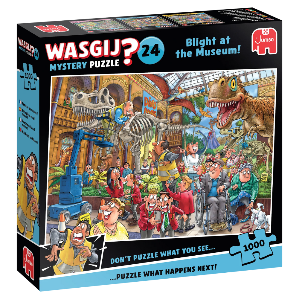 Adult Wasgij Mystery 24 puzzle titled "Blight at the Museum" showing a detailed museum scene with a mysterious, colorful illustration.
