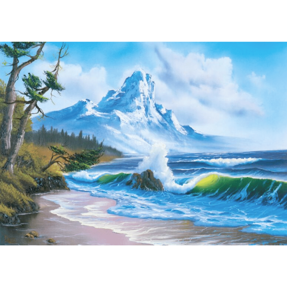 Adult puzzle by Schmidt featuring Bob Ross's "Mountain by the Sea" artwork with 1000 pieces.