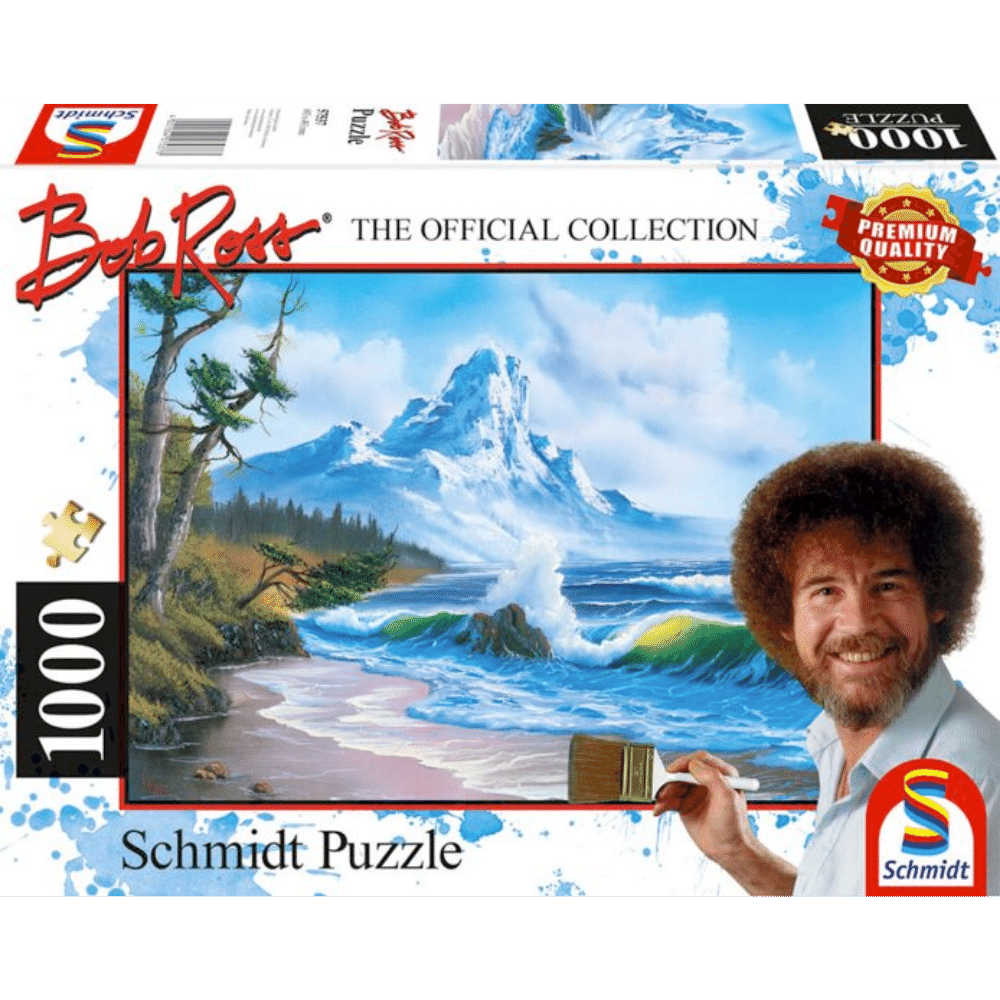 Adult puzzle featuring Bob Ross's "Mountain by the Sea" landscape, 1000-piece Schmidt puzzle with a serene mountain scene.