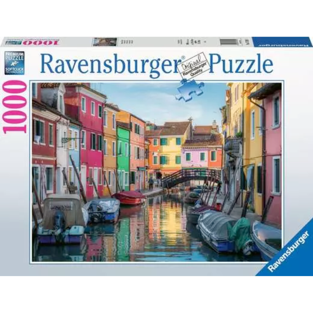 Ravensburger adult puzzle featuring a colorful view of Burano, Italy with vibrant houses and scenic canal scenes.