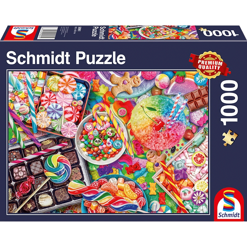 Candylicious adult puzzle by Schmidt featuring colorful candy-themed imagery on the puzzle box.