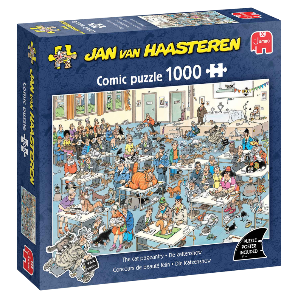 Adult cat puzzle from Jan van Haasteren featuring colorful, detailed illustrations of cats for engaging puzzle fun.