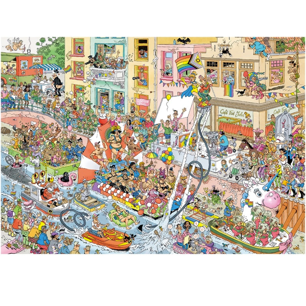 Jan van Haasteren Celebrate Pride 1000-piece adult puzzle featuring colorful, detailed pride-themed artwork.