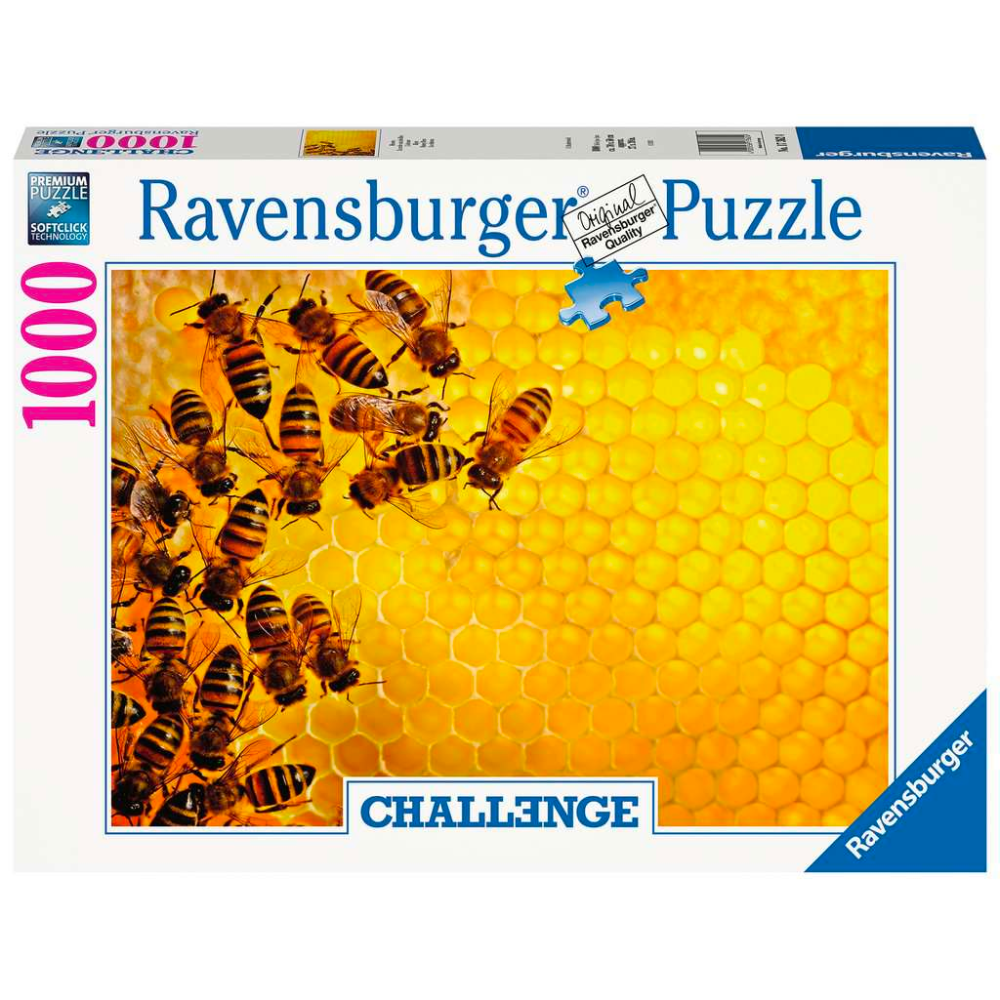 Ravensburger Challenge Bees adult puzzle showing colorful bee illustrations on assembled puzzle pieces.
