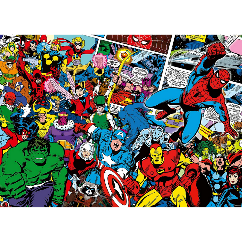 Adult Marvel Avengers puzzle by Ravensburger featuring a colorful superhero scene with iconic Marvel characters.