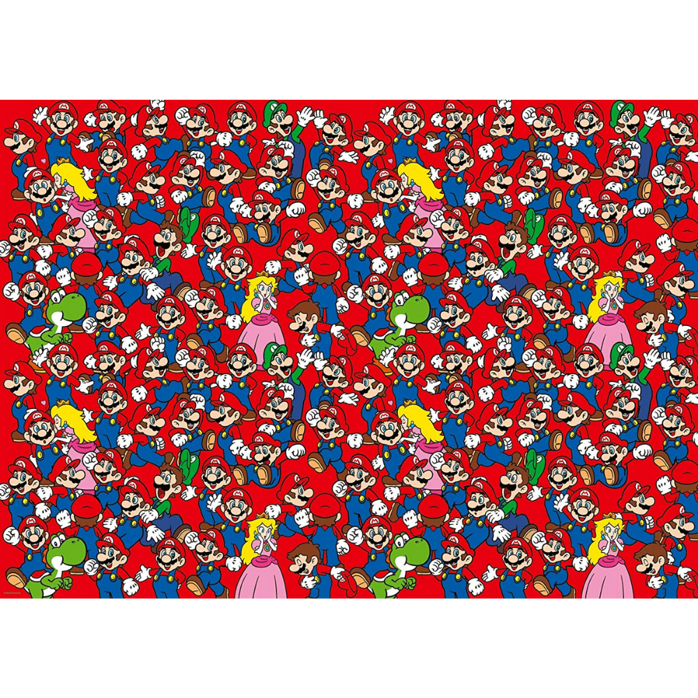 Adult puzzle featuring Challenge: Super Mario by Ravensburger, showing colorful Mario-themed puzzle pieces and vibrant game imagery.