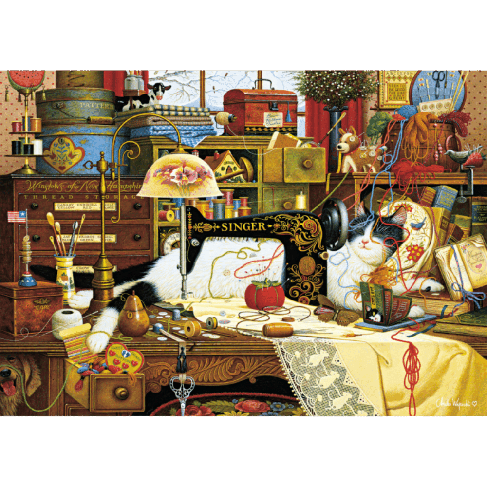 1000-piece Charles Wysocki puzzle featuring Maggie the Messmaker by Schmidt, showcasing vibrant, detailed artwork of a whimsical country scene.