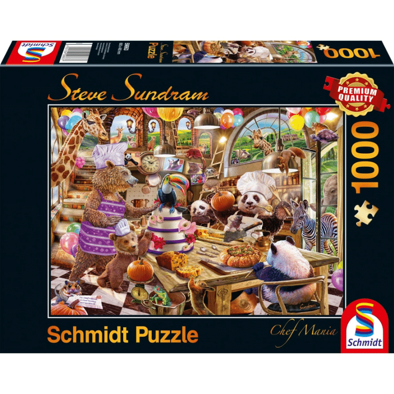 Adult puzzle titled Chef Mania by Schmidt featuring colorful chef-themed illustrations in a fun, challenging design for puzzle enthusiasts.