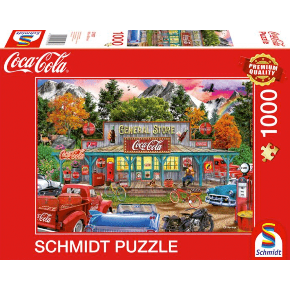 Adult puzzle featuring a Coca-Cola store scene by Schmidt, with colorful Coca-Cola branding and store details in the image.