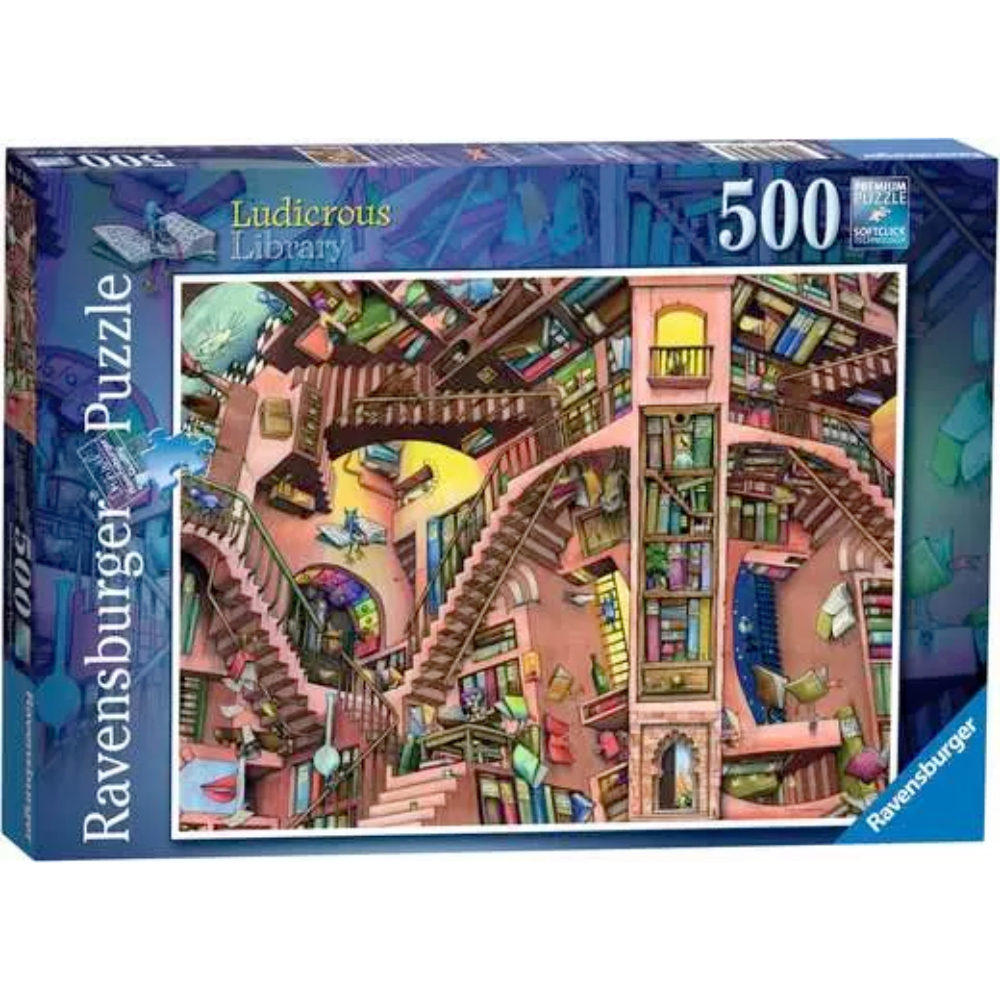 Ravensburger adult puzzle featuring Colin Thompson's Ludicrous Library artwork with 500 pieces, detailed and colorful illustration.
