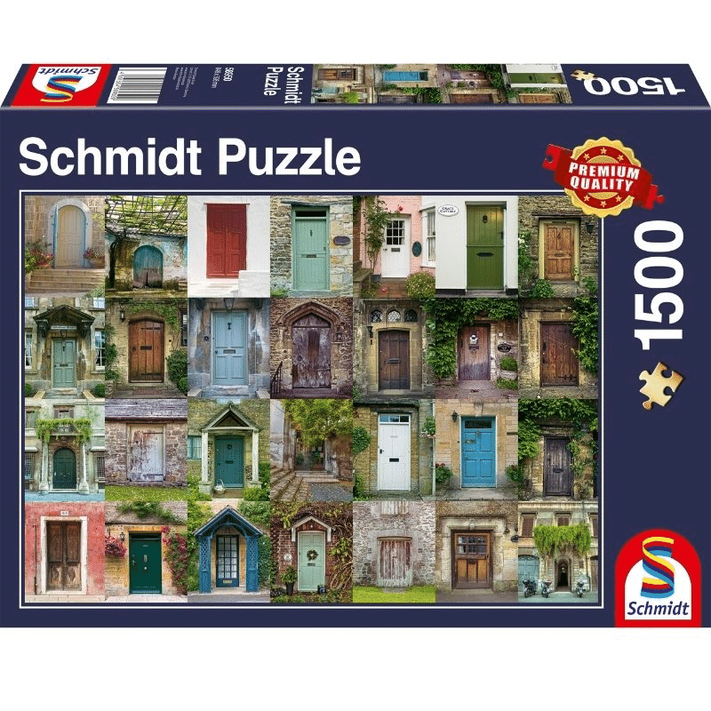 Adult puzzle collage of various door designs by Schmidt, featuring detailed images of different door styles and textures.