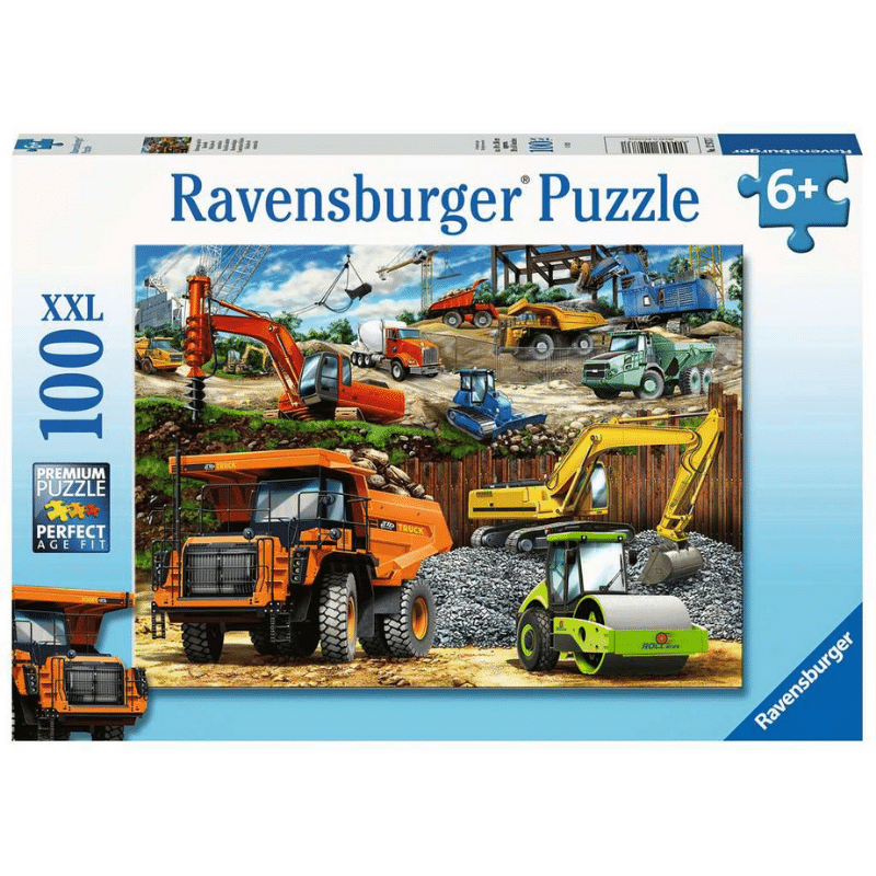 Colorful Ravensburger children's puzzle featuring construction vehicles with trucks, excavators, and cranes for young kids.