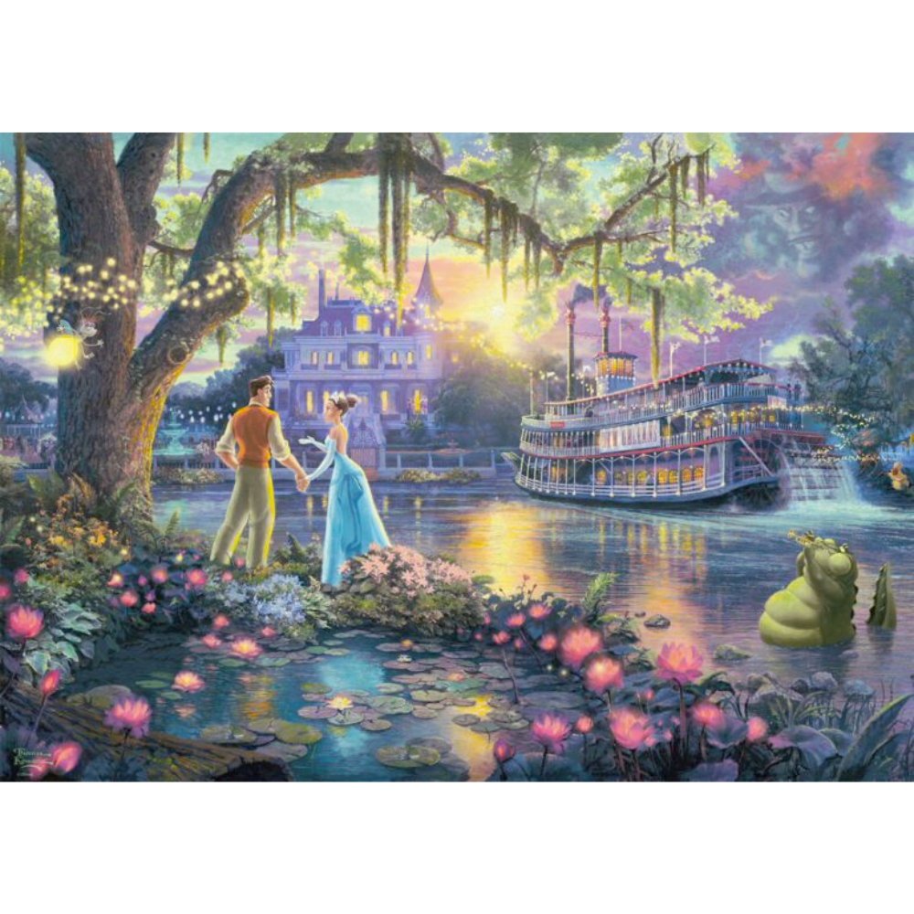 Schmidt 1000-piece adult puzzle featuring Thomas Kinkade's "The Princess and the Frog" artwork laid out on a table.