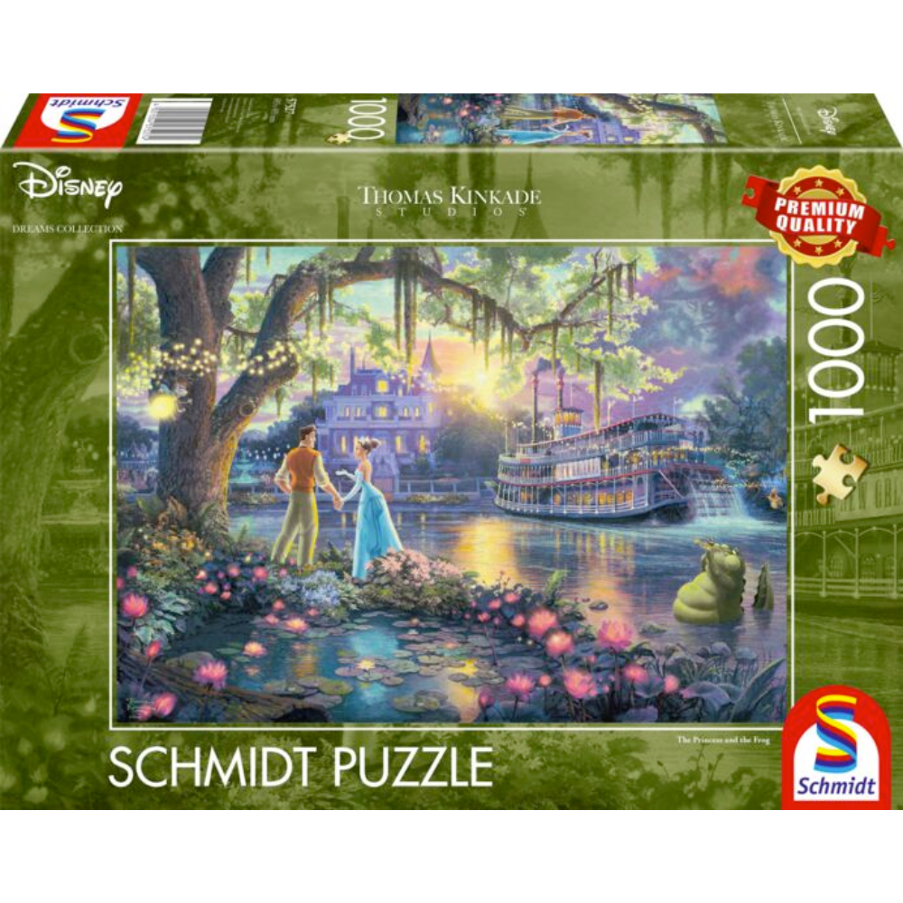 Adult puzzle featuring Thomas Kinkade's The Princess and the Frog artwork by Schmidt, with 1000 pieces laid out on a table.