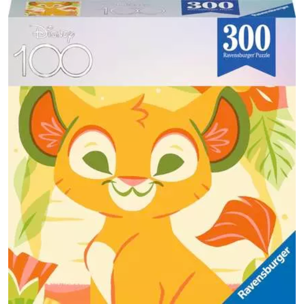Ravensburger Disney 100th Anniversary Simba children's puzzle with 300 pieces, featuring a colorful Simba illustration for kids.