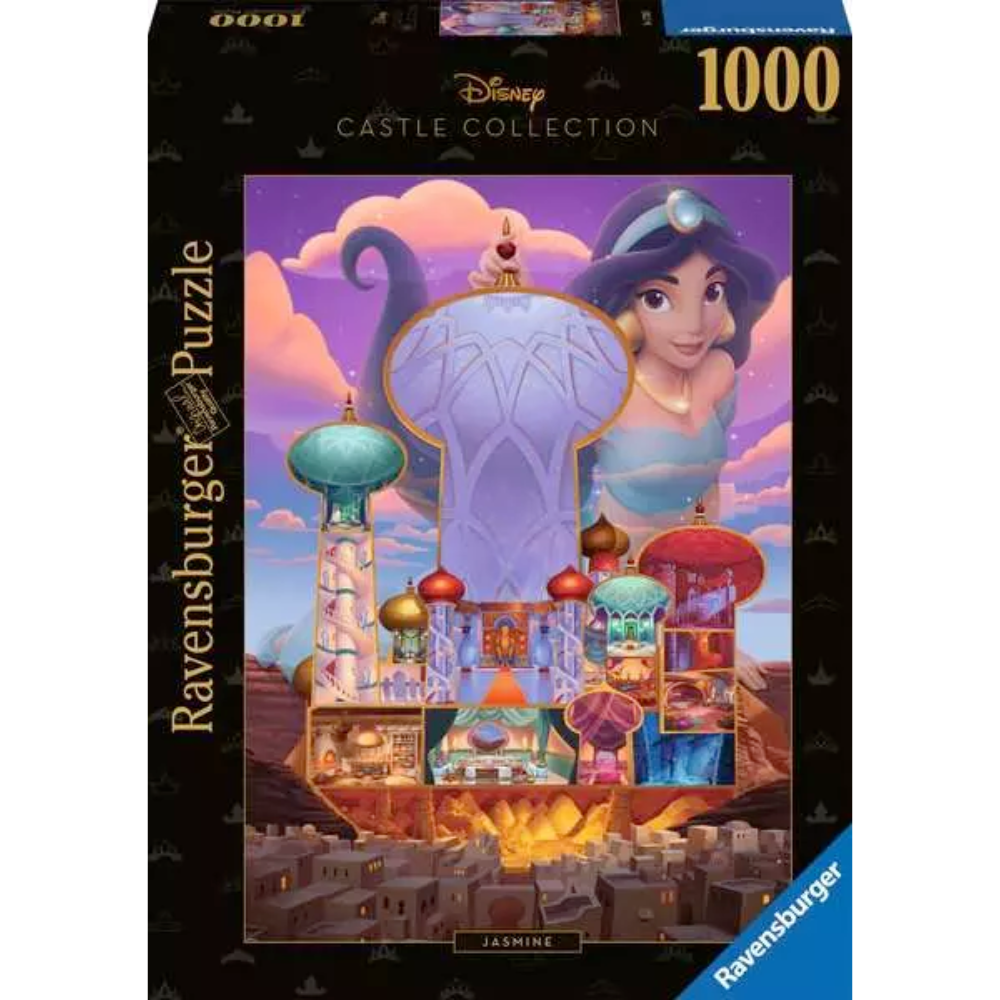 Ravensburger Disney Castle Collection Jasmine adult puzzle with 1000 pieces, featuring a colorful illustration of Jasmine from Disney.