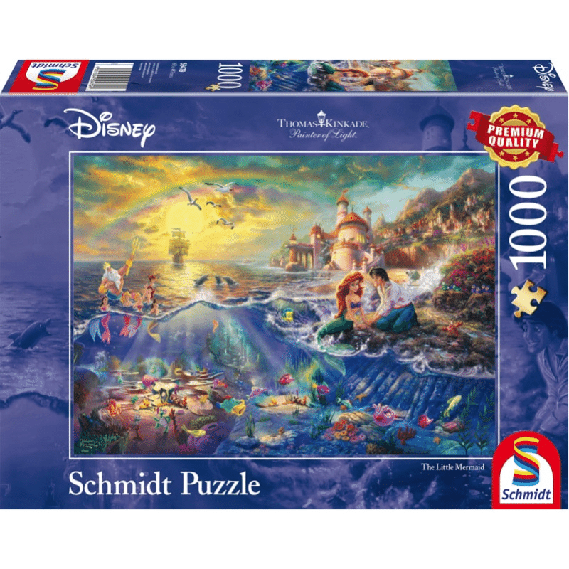 Adult puzzle featuring Disney's Thomas Kinkade The Little Mermaid by Schmidt, showing colorful underwater scene with Ariel and sea creatures.