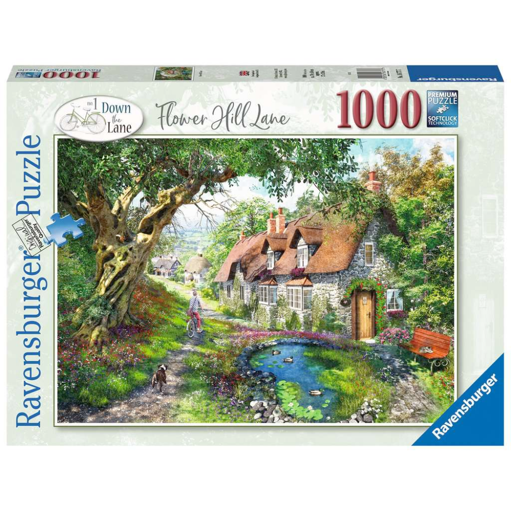 Ravensburger adult puzzle "Down the Lane No.1: Flower Hill Lane" featuring a colorful floral scene with 1000 pieces.