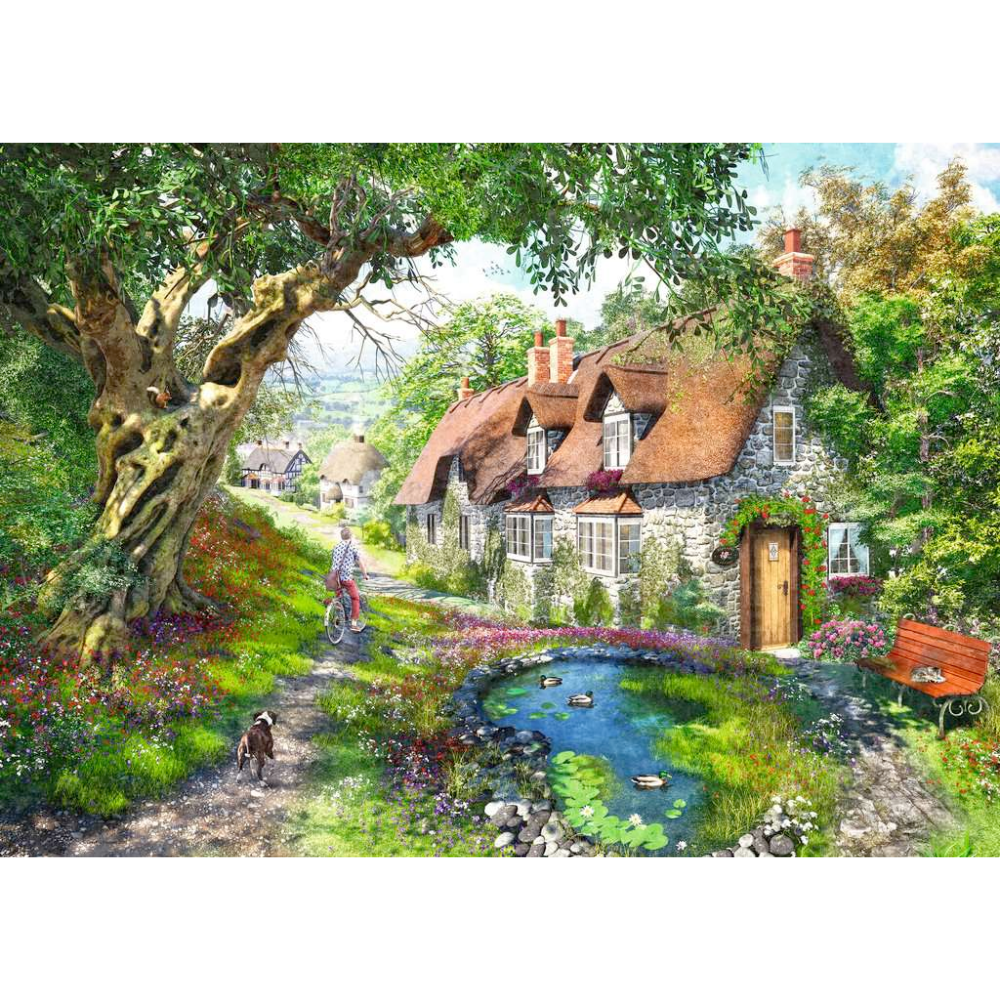 Ravensburger adult puzzle "Down the Lane No.1: Flower Hill Lane" featuring a scenic floral street view with 1000 pieces.