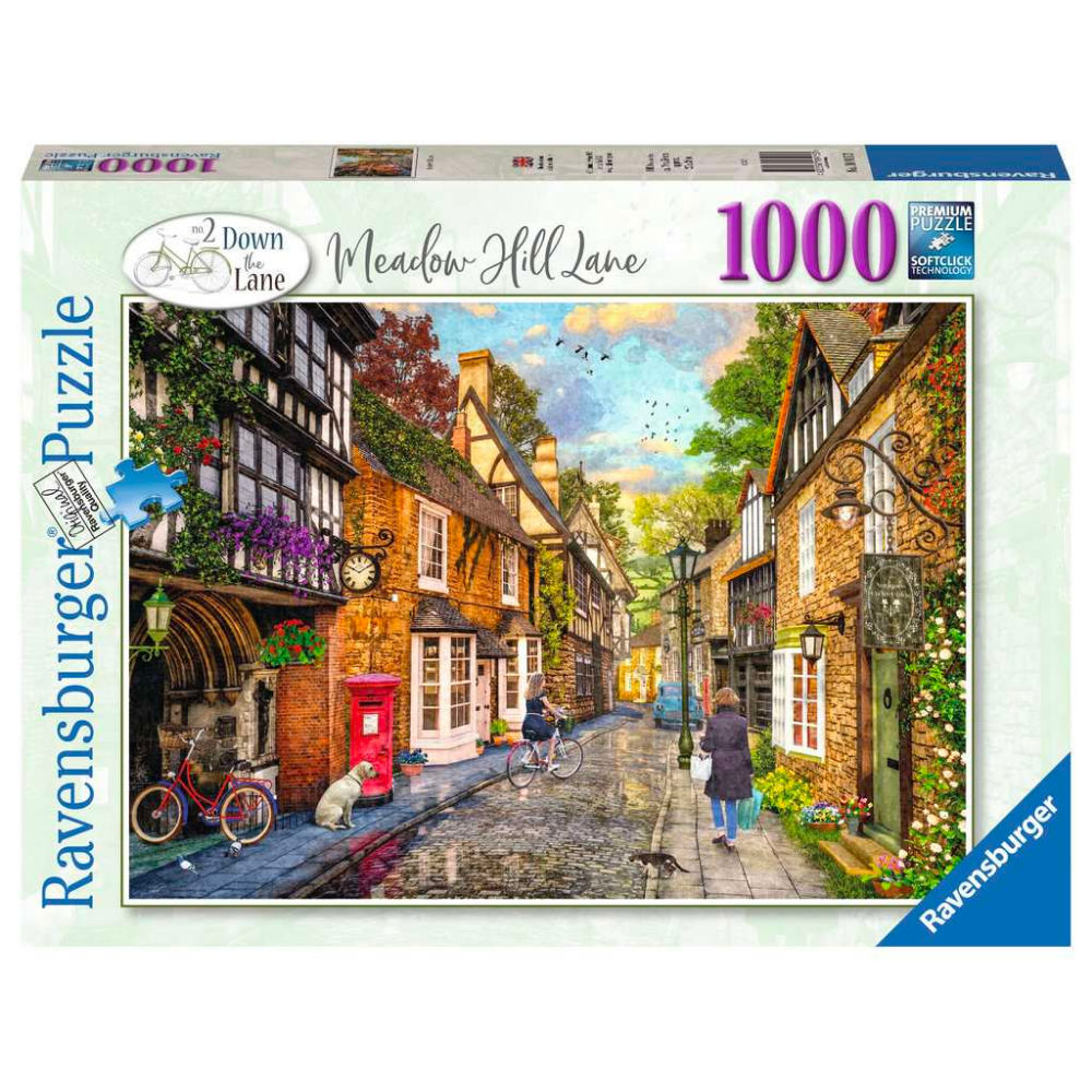 Ravensburger Down the Lane No.2 Meadow Hill Lane adult puzzle featuring a scenic rural landscape with houses and greenery.