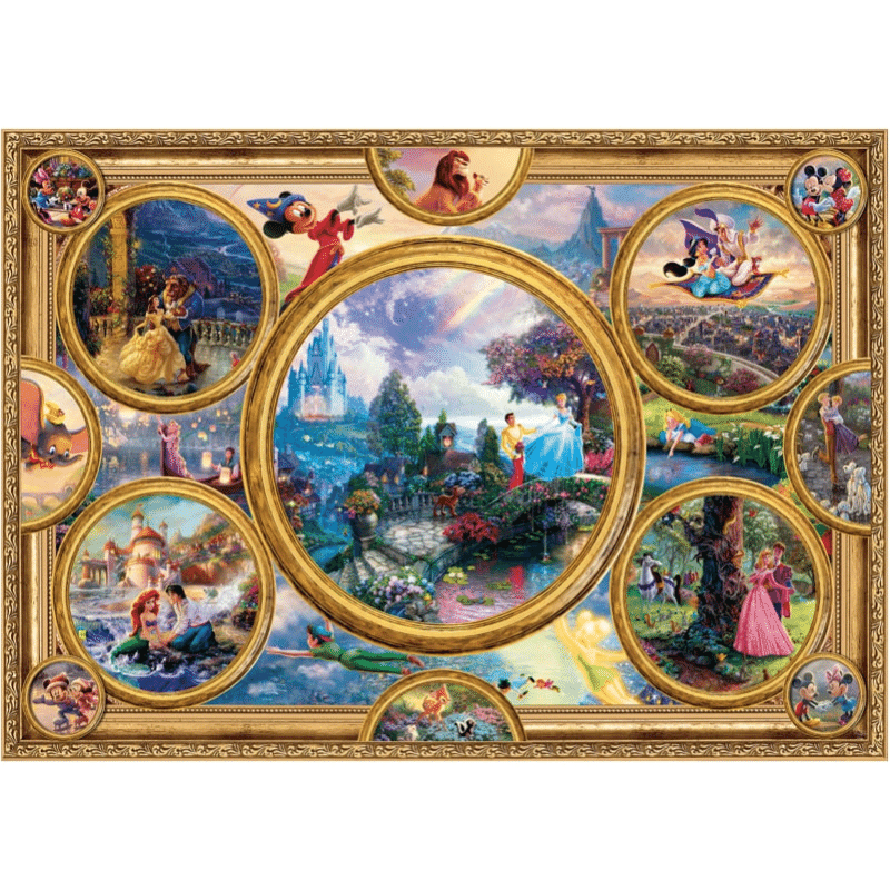 Thomas Kinkade Disney Dreams Collection adult puzzle by Schmidt featuring a colorful, detailed Disney-themed puzzle artwork.