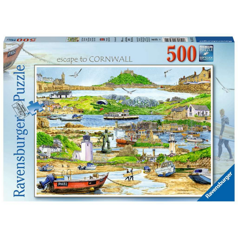 Ravensburger adult puzzle titled Escape to Cornwall featuring scenic coastal landscape with cliffs and seaside village.