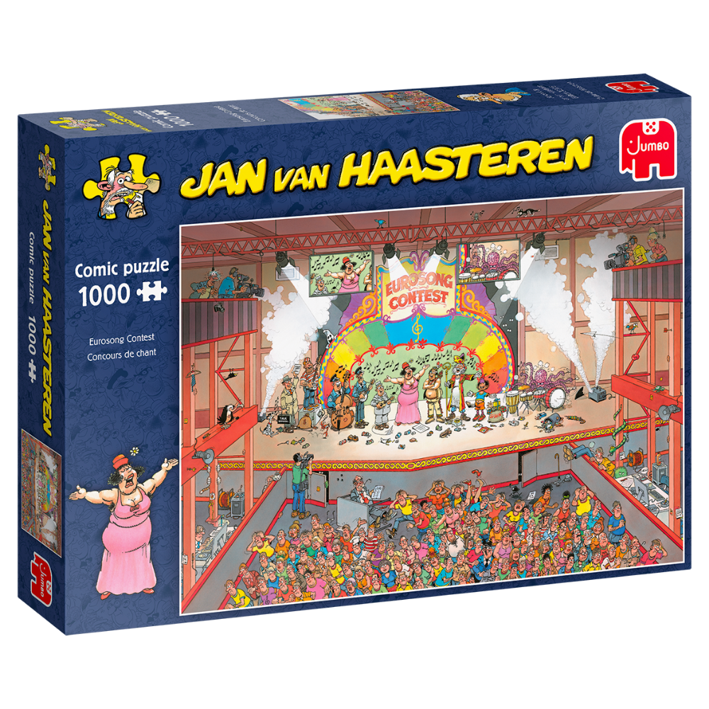 Adult puzzle featuring the Eurosong Contest by Jan van Haasteren, showing colorful puzzle pieces and a lively contest scene.