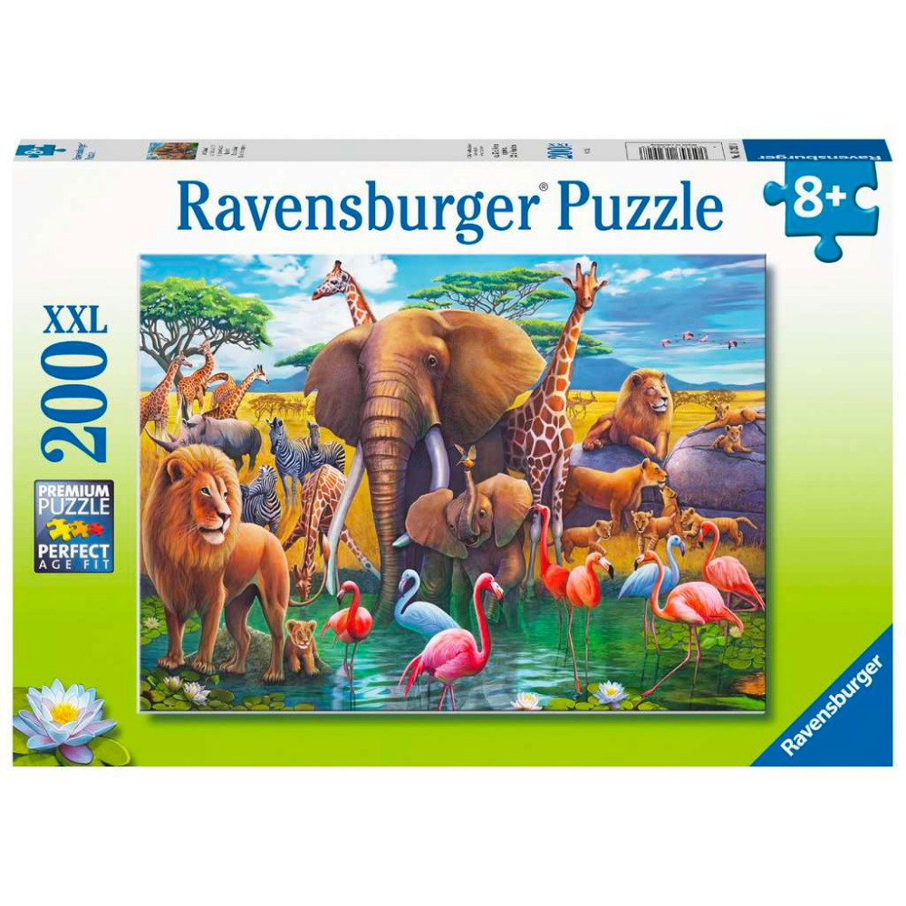 Ravensburger children's Exotic Safari puzzle featuring colorful jungle animals and vibrant wildlife scene in a large 150-piece set.