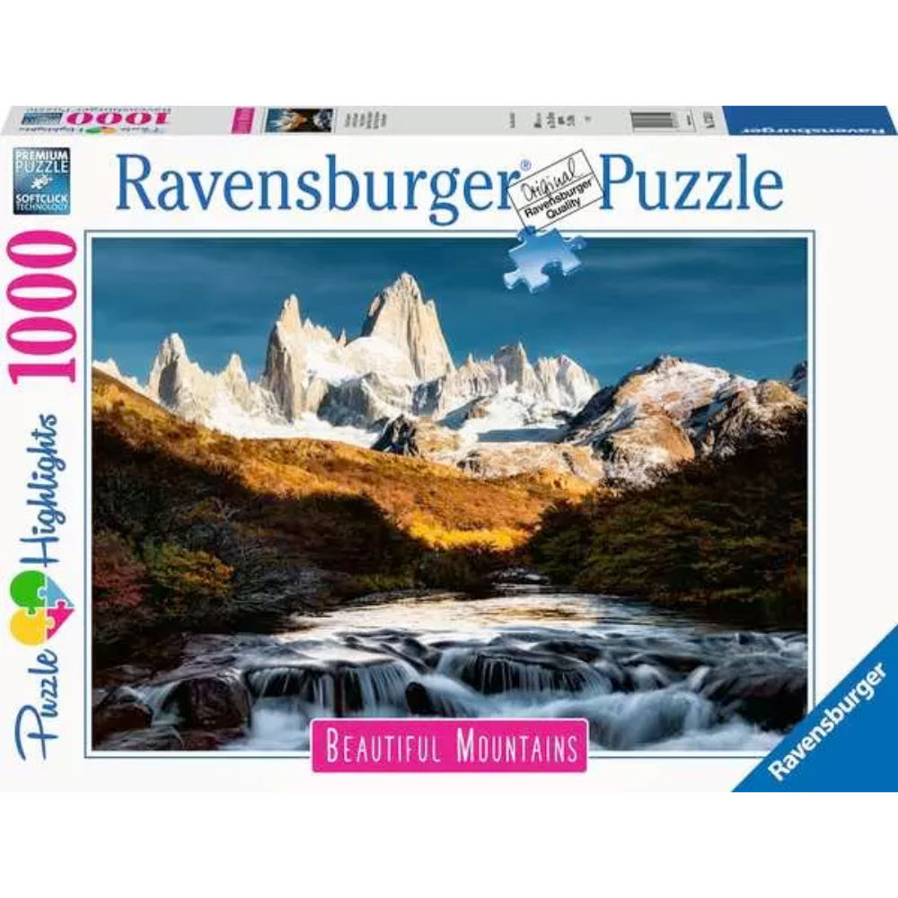Ravensburger 1000-piece adult puzzle featuring Fitz Roy mountain in Patagonia, Argentina with scenic mountain landscape and blue sky