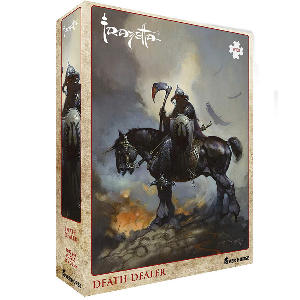 Adult puzzle featuring Frank Frazetta's Death Dealer artwork by River Horse Games, showing a fierce warrior in dark armor with a sword.
