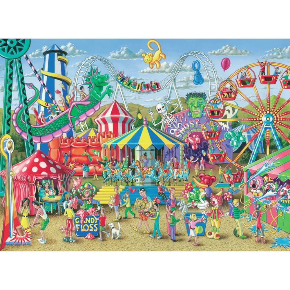 Ravensburger children's 300-piece Fun at The Carnival puzzle showing colorful carnival scene with rides and fun activities.
