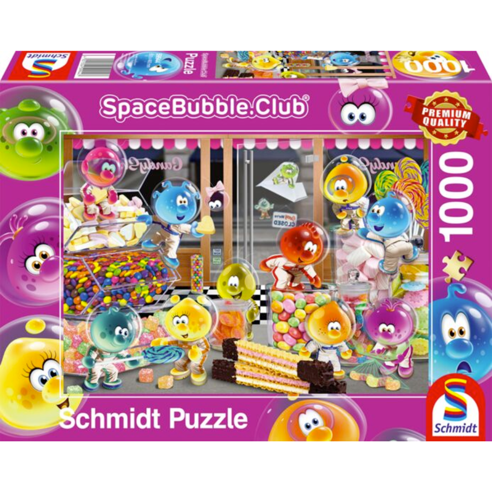 Schmidt adult puzzle titled Happy Together in the Candy Store featuring colorful candy shop scene with 1000 pieces.