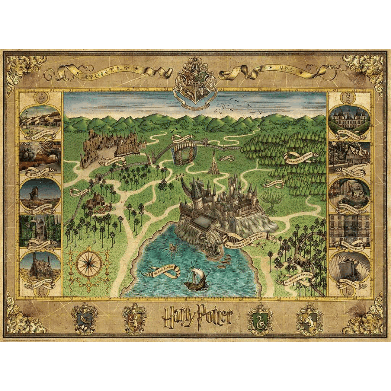 Ravensburger Harry Potter Hogwarts Map adult puzzle showing detailed illustrations of the wizarding school and surrounding areas.