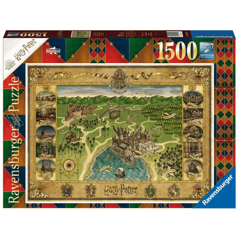 Ravensburger Harry Potter Hogwarts Map adult puzzle showing detailed illustration of the magical school and surrounding grounds.