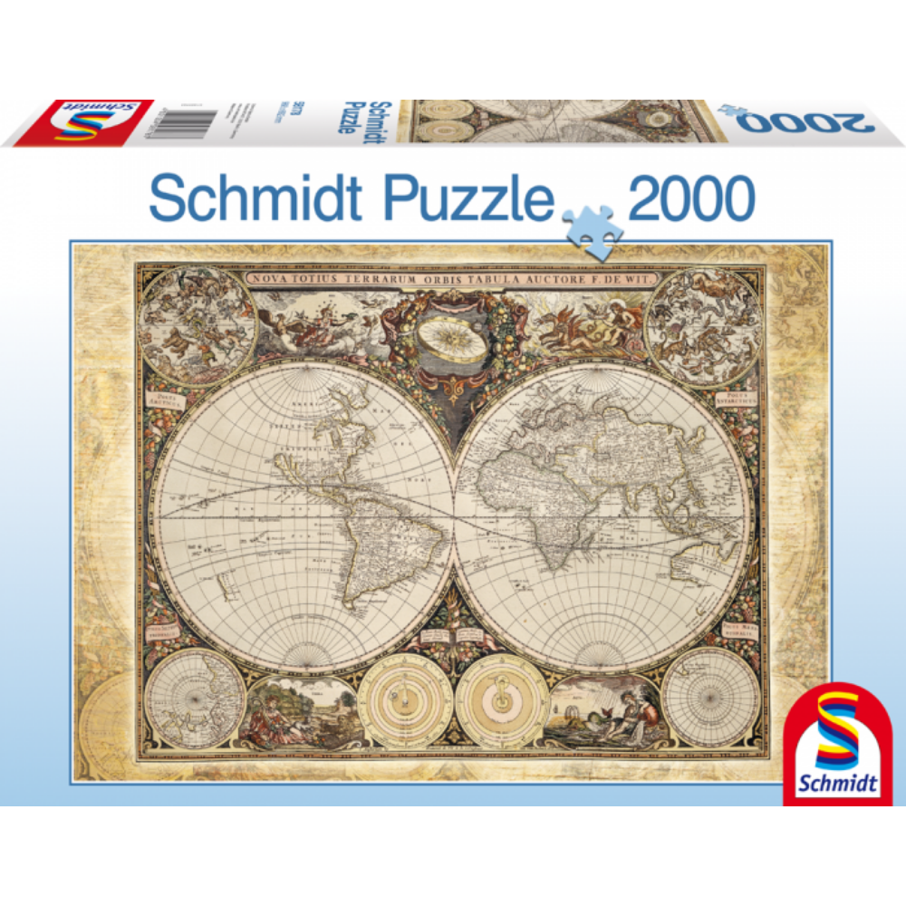 Adult puzzle featuring a historical map of the world by Schmidt, showcasing vintage-style cartography and detailed geographical illustrations.
