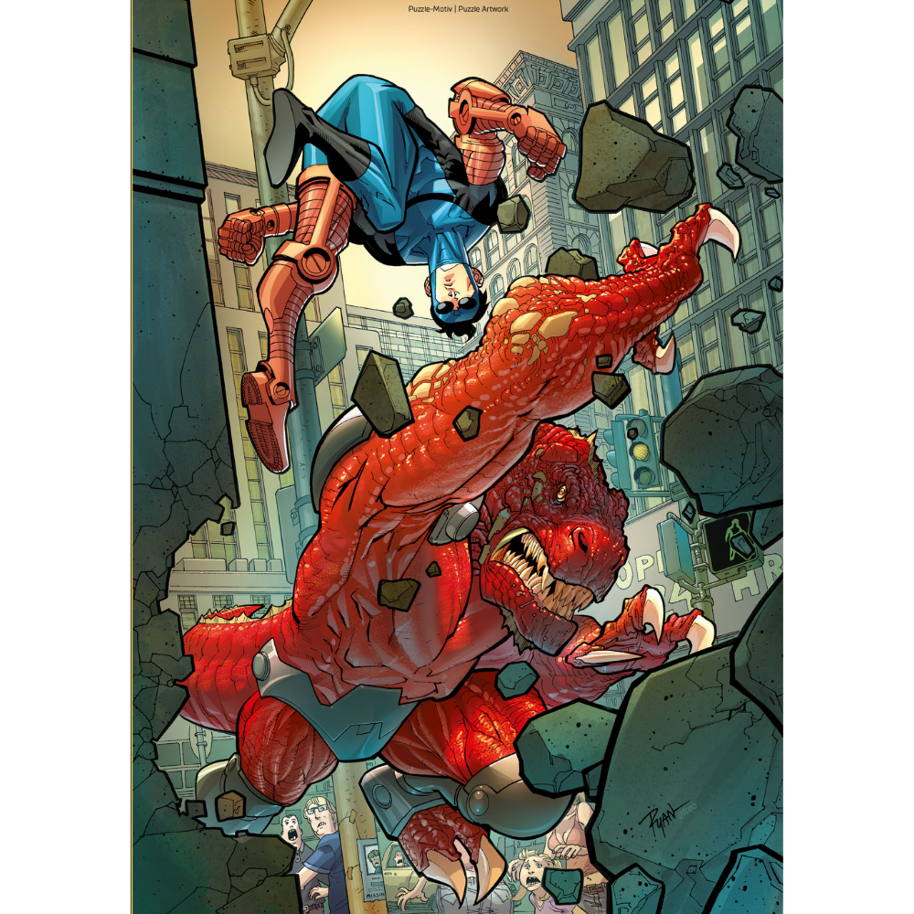Adult puzzle featuring Invincible battling Dinosaurus, colorful illustration by Pegasus with detailed comic-style artwork.