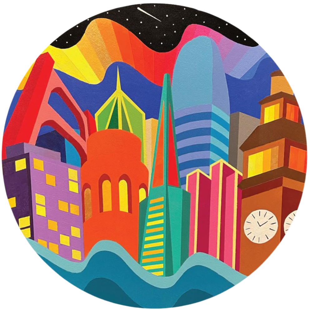 Adult puzzle featuring Jordan Herren City Vibes by Pomegranate, showing a colorful urban scene with vibrant cityscape details.