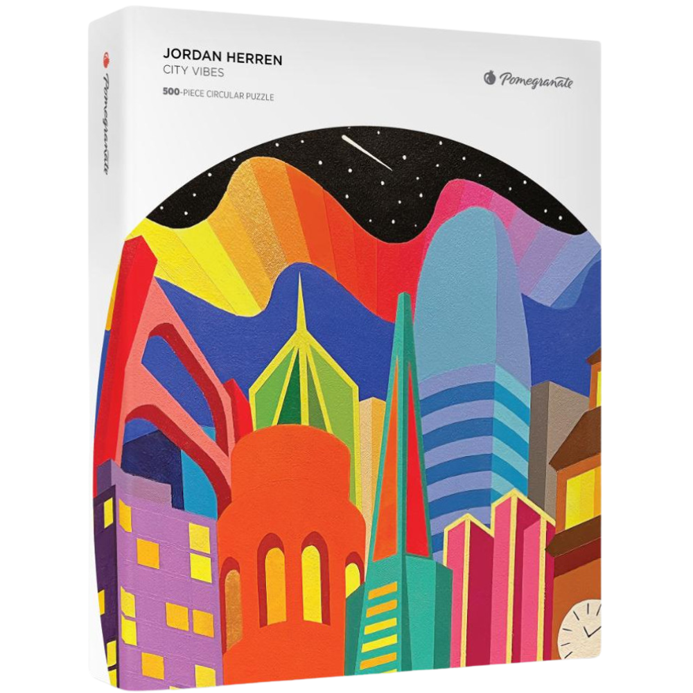 Adult puzzle box featuring Jordan Herren: City Vibes by Pomegranate with colorful urban cityscape artwork.