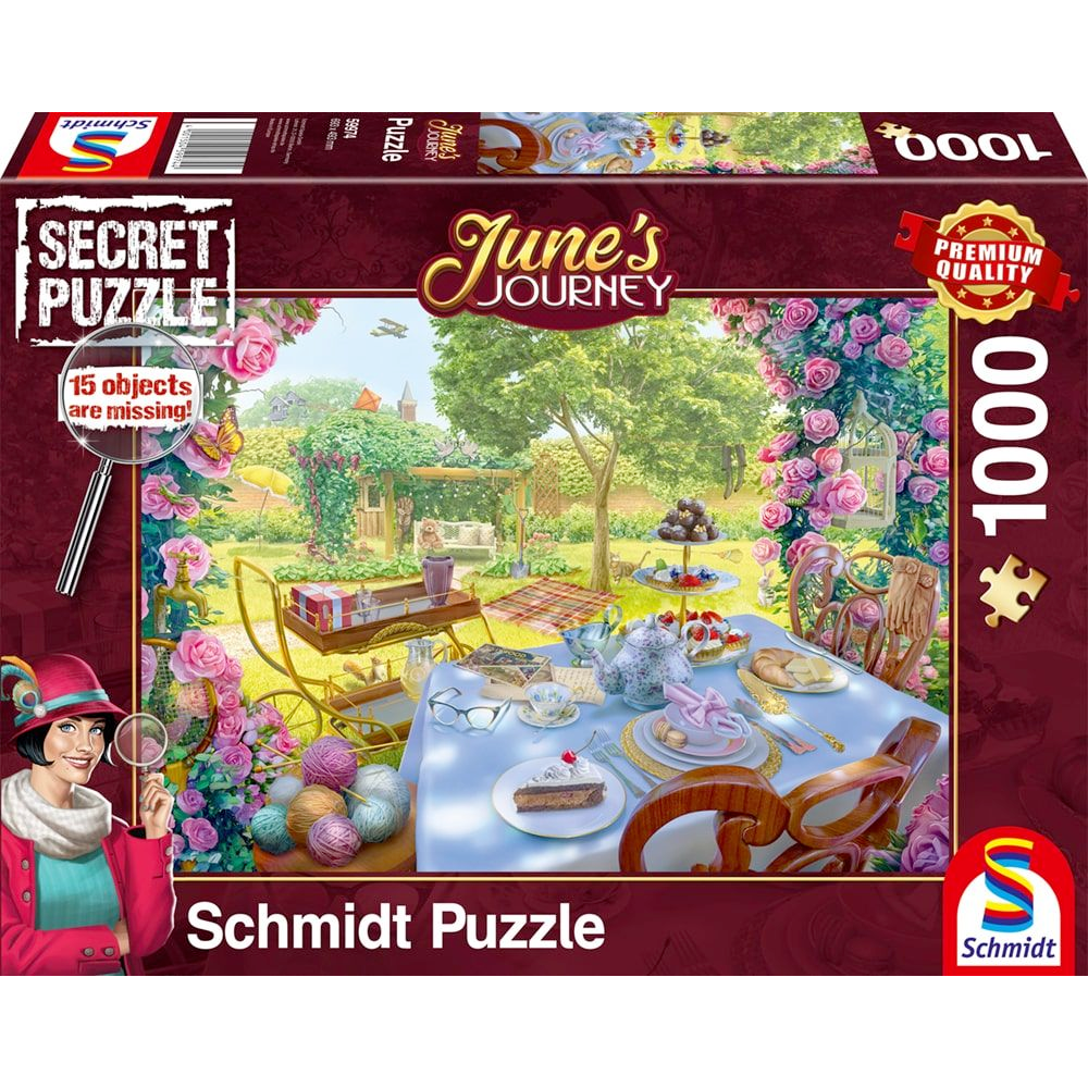 Adult puzzle by Schmidt titled June's Journey: Tea in the Garden, featuring a colorful garden scene with teacups and blooming flowers.