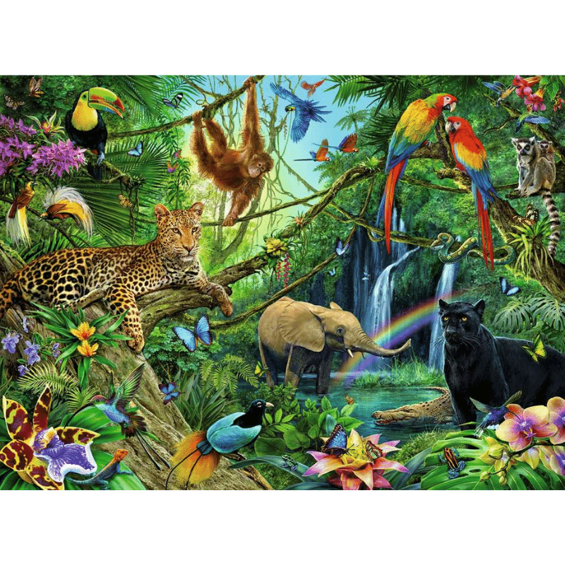 Children's Jungle Puzzle by Ravensburger featuring colorful jungle animals and lush greenery on the puzzle pieces.