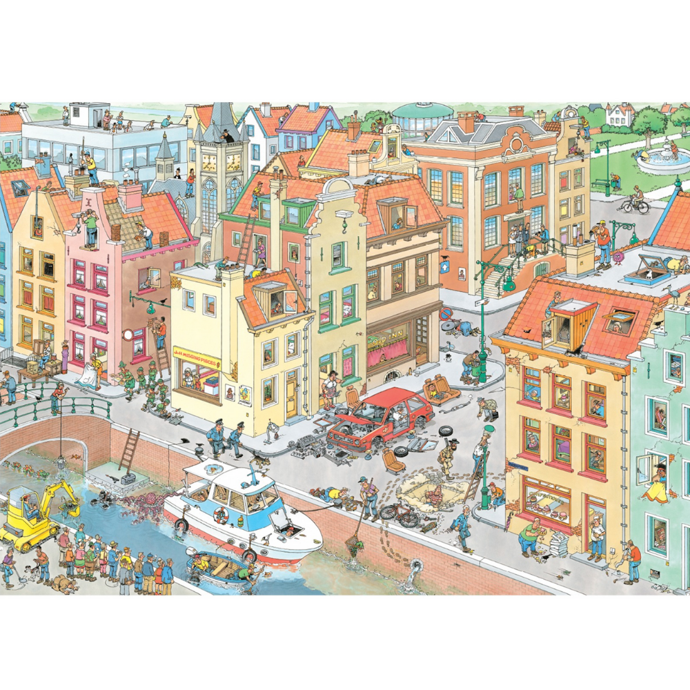 Adult puzzle titled "The Missing Piece" by Jan van Haasteren, featuring colorful, detailed puzzle pieces and artwork.