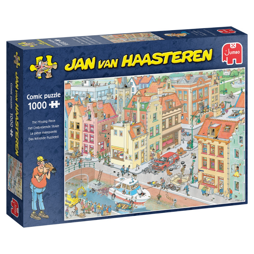 Adult puzzle titled The Missing Piece by Jan van Haasteren featuring a colorful, detailed scene with a missing puzzle piece in the image.