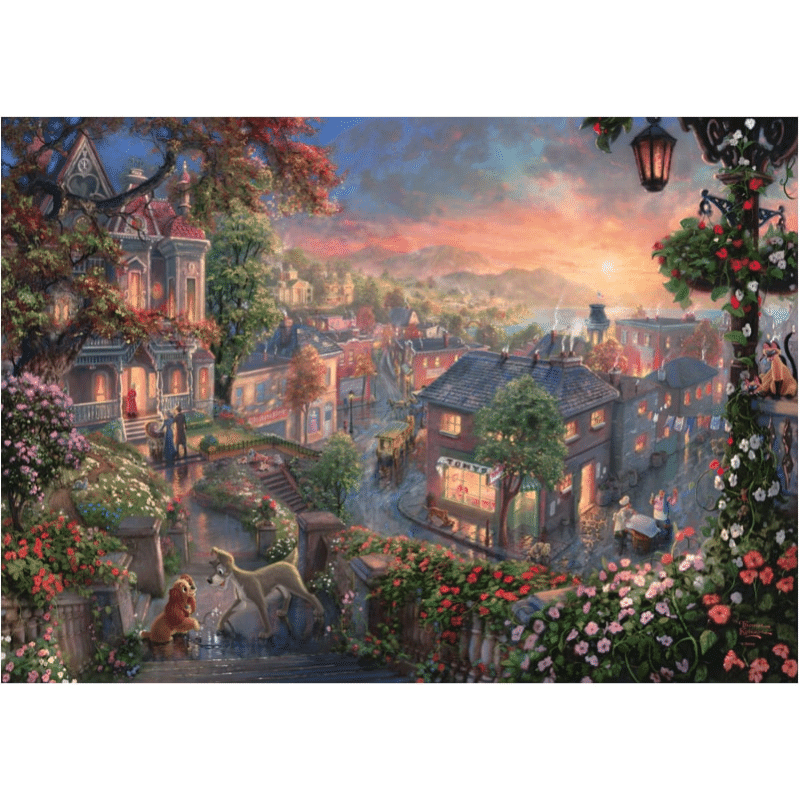 Adult puzzle featuring Thomas Kinkade's Lady and the Tramp artwork by Schmidt, showcasing a detailed image of the beloved Disney scene.