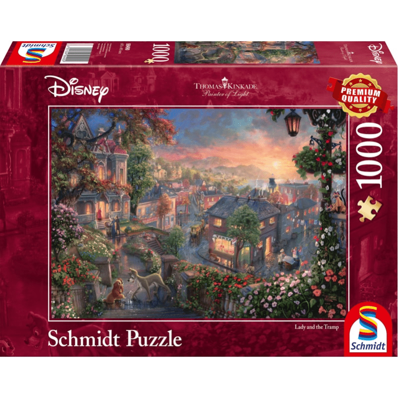 Adult puzzle featuring Thomas Kinkade's Lady and the Tramp artwork by Schmidt, with a colorful, detailed image of the beloved Disney scene.