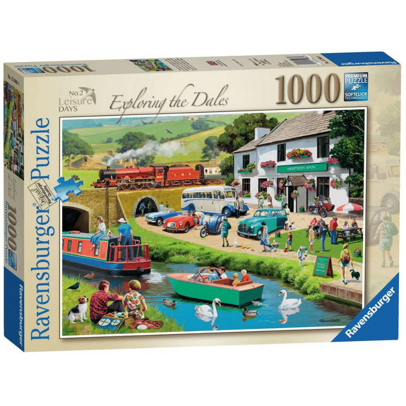 Ravensburger Leisure Days No. 2 adult puzzle featuring scenic dales landscape with colorful countryside and quaint cottages.