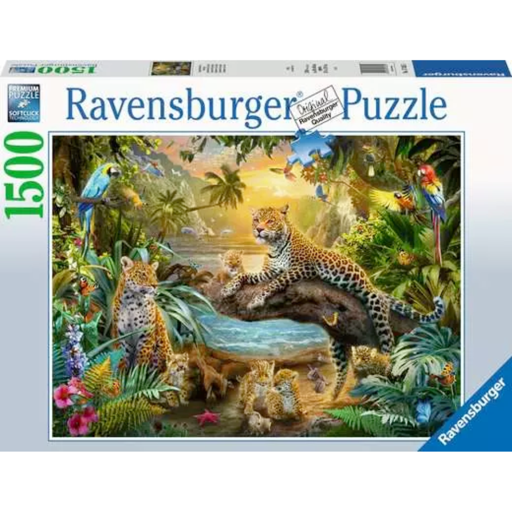 Ravensburger adult puzzle depicting leopards in a lush jungle scene with vibrant greenery and wild animals.